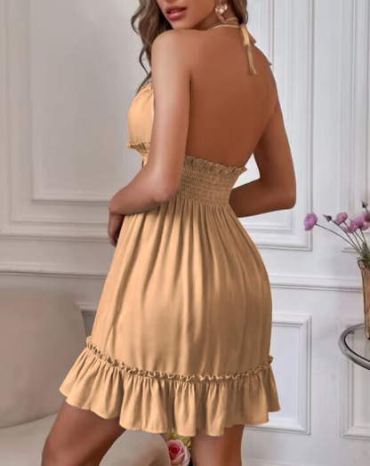 Women's Halter Neck Backless Party Dress with Shirred Waist and Ruffle Trim - Elegant and Flattering Cocktail Dress for Special Occasions