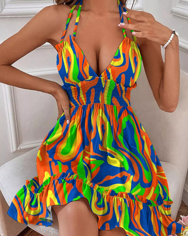 Women's Halter Neck Backless Party Dress with Shirred Waist and Ruffle Trim - Elegant and Flattering Cocktail Dress for Special Occasions