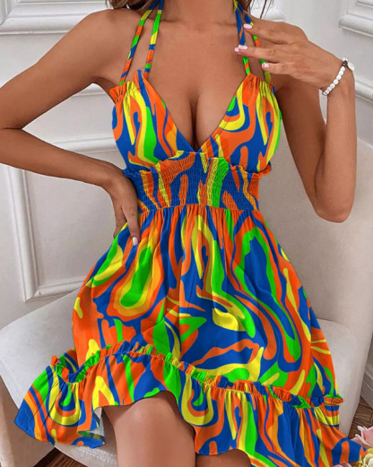 Women's Halter Neck Backless Party Dress with Shirred Waist and Ruffle Trim - Elegant and Flattering Cocktail Dress for Special Occasions