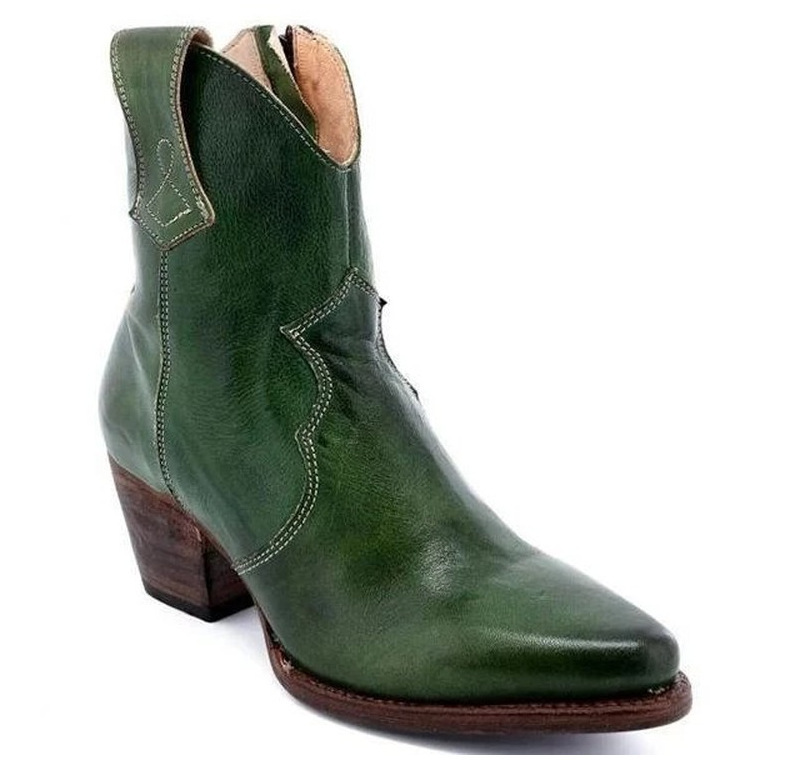 Round Toe Ethnic Women's Leather Boots Side Zipper Knight Boots Thick Heeled Women's Shoes