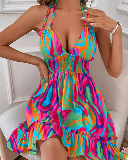 Women's Halter Neck Backless Party Dress with Shirred Waist and Ruffle Trim - Elegant and Flattering Cocktail Dress for Special Occasions