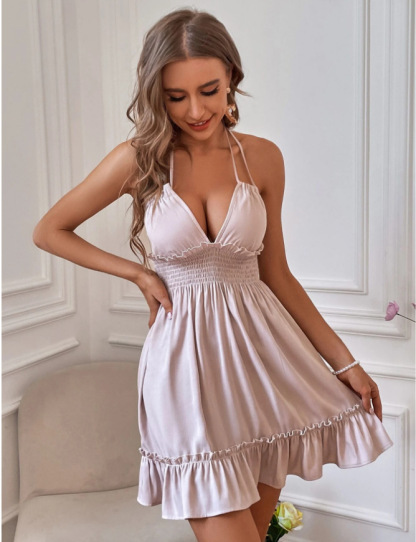 Women's Halter Neck Backless Party Dress with Shirred Waist and Ruffle Trim - Elegant and Flattering Cocktail Dress for Special Occasions