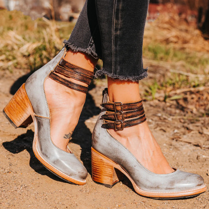 Back zipper thick high heel square heel shallow buckle women's shoes