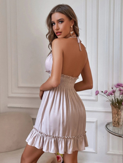 Women's Halter Neck Backless Party Dress with Shirred Waist and Ruffle Trim - Elegant and Flattering Cocktail Dress for Special Occasions