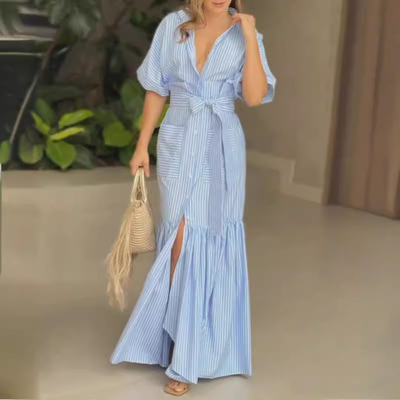 Women's Fashion Temperament Striped Lapel Midi Dress
