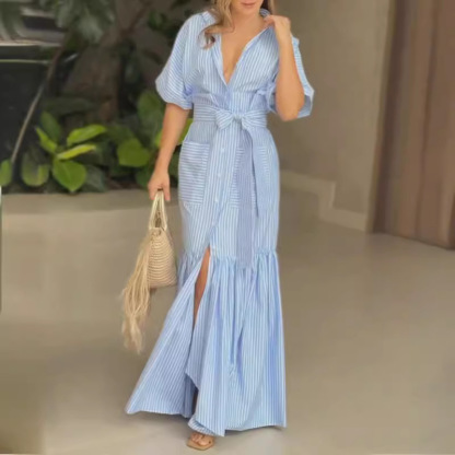 Women's Fashion Temperament Striped Lapel Midi Dress