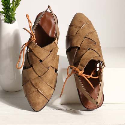 Women's Casual Hollow Side Lace Up Leather Woven Back Low Heel Roman Sandals