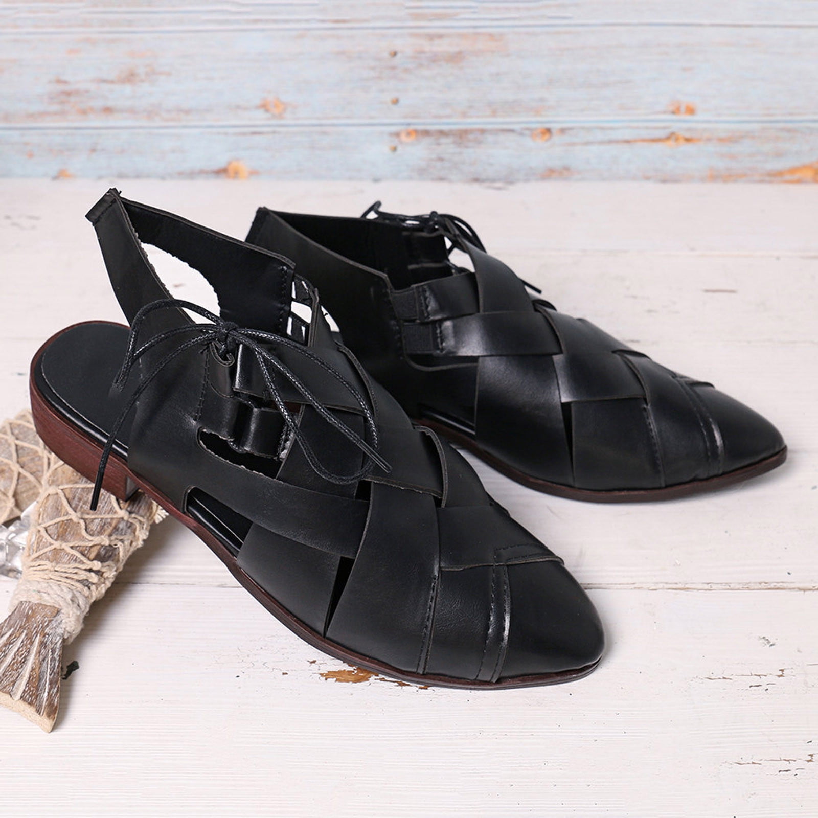 Women's Casual Hollow Side Lace Up Leather Woven Back Low Heel Roman Sandals