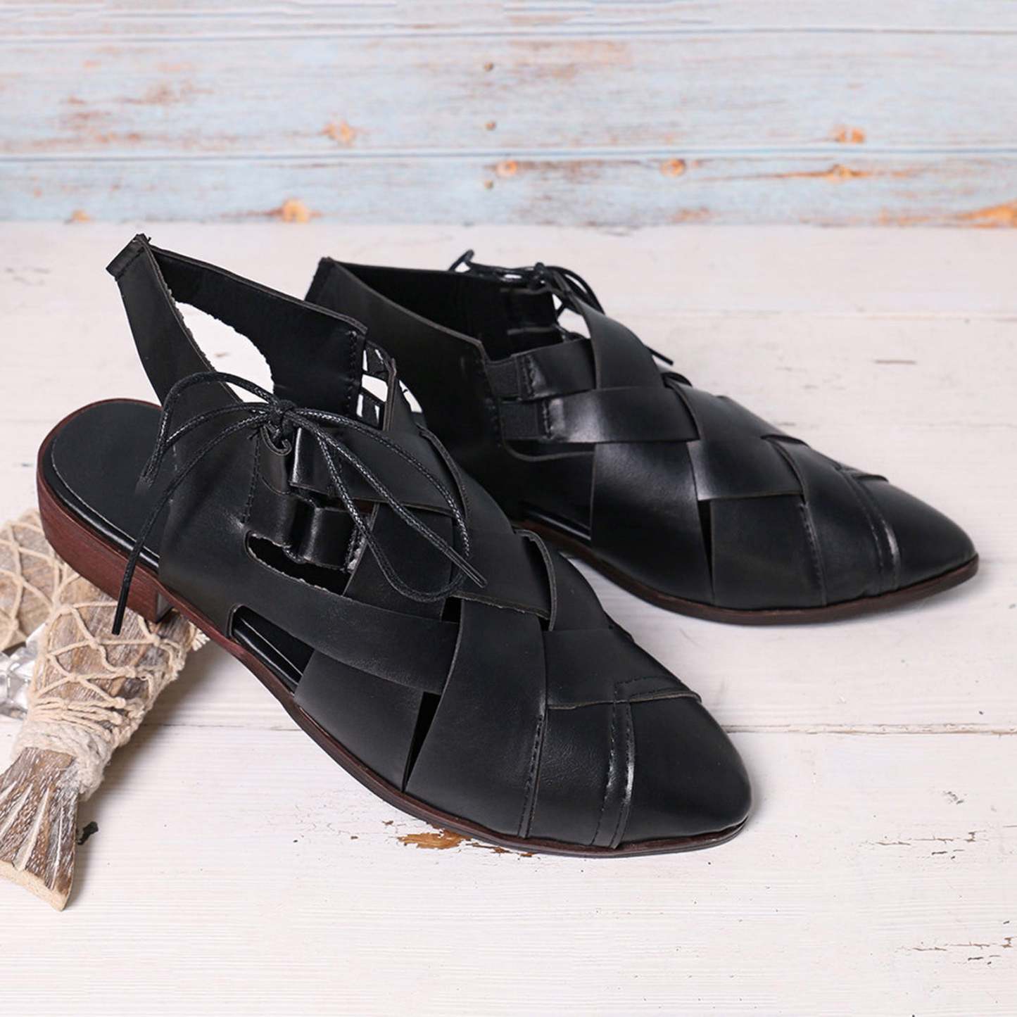 Women's Casual Hollow Side Lace Up Leather Woven Back Low Heel Roman Sandals