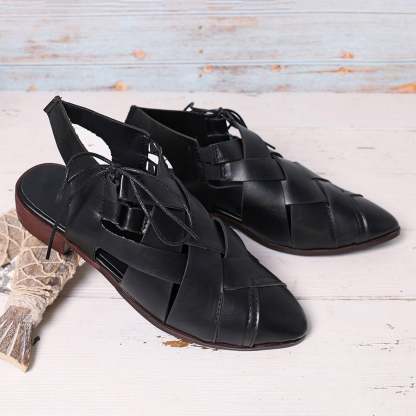 Women's Casual Hollow Side Lace Up Leather Woven Back Low Heel Roman Sandals