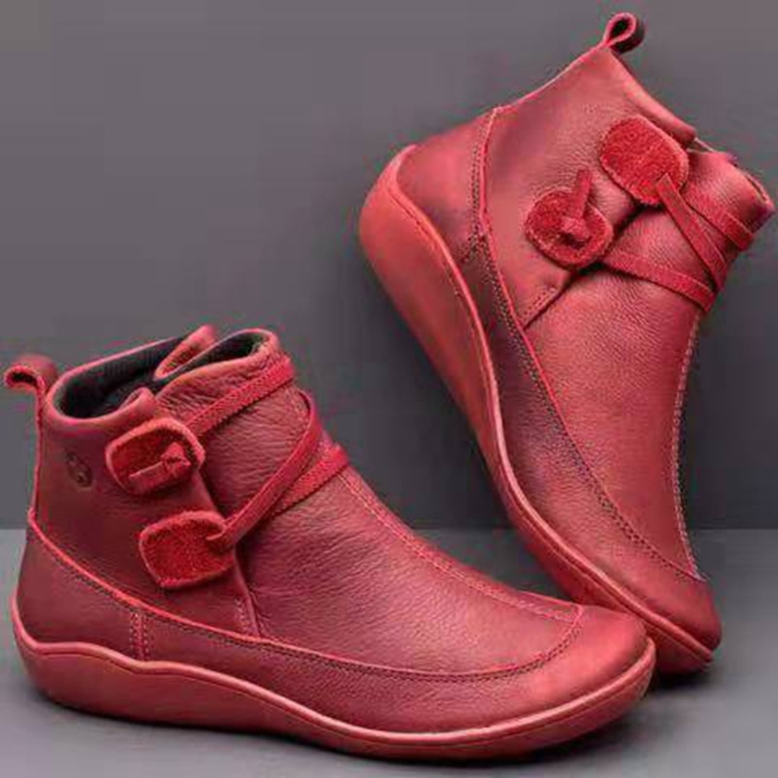 Women Faux Leather Lace Up Low Heel Flat Ankle Boots Plush Liner Warm Shoes