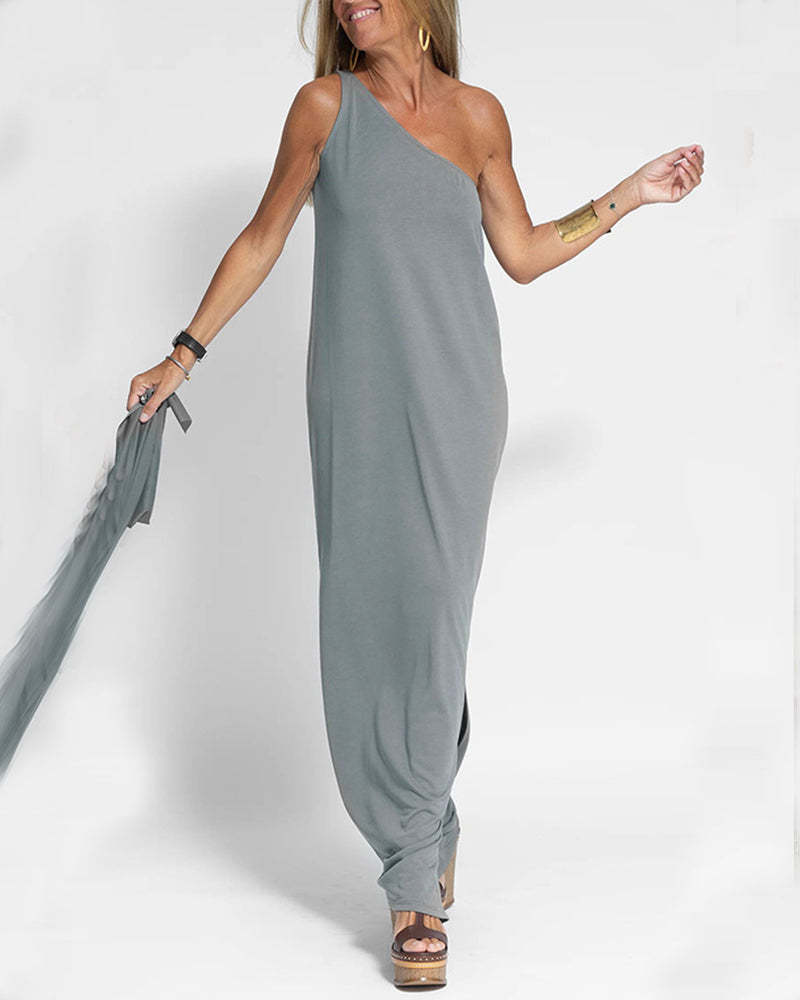 Elegant Solid Color One Shoulder Maxi Dress