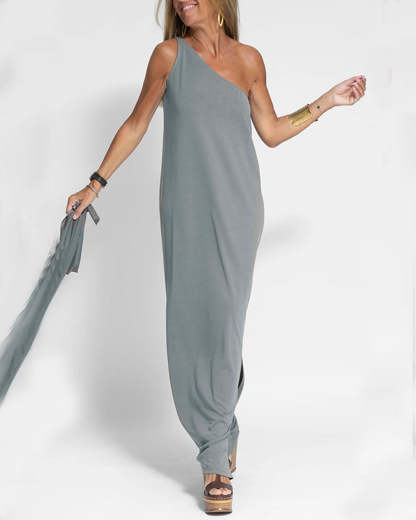 Elegant Solid Color One Shoulder Maxi Dress