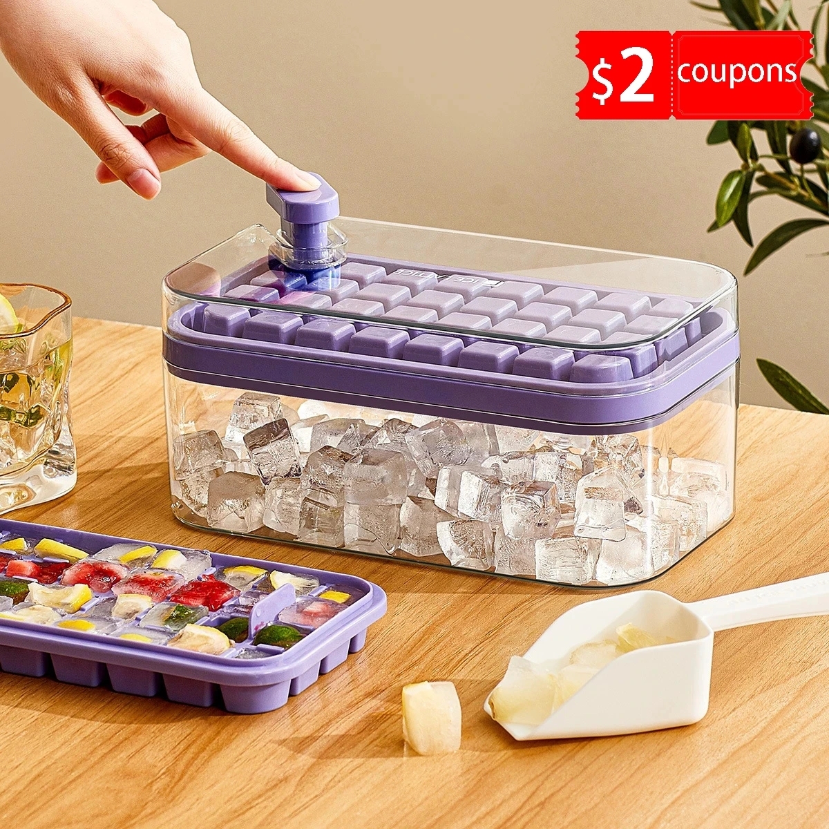 Set Of 1 101oz Ice Cube Trays, 64 Pcs Silicone Ice Cube Tray With Lid And Bin, Ice Cube Molds For Freezer, Easy Release & Save Space, 2 Trays,Scoop For Whiskey, Cocktail | Food Grade PP