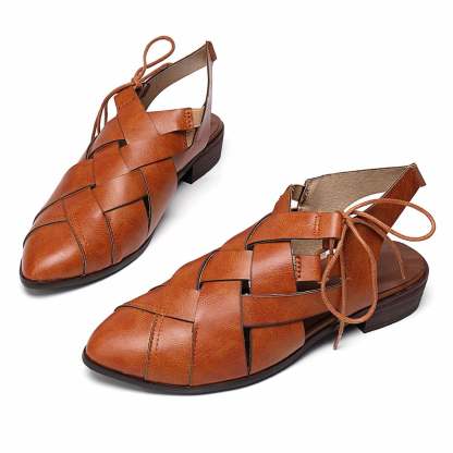 Women's Casual Hollow Side Lace Up Leather Woven Back Low Heel Roman Sandals