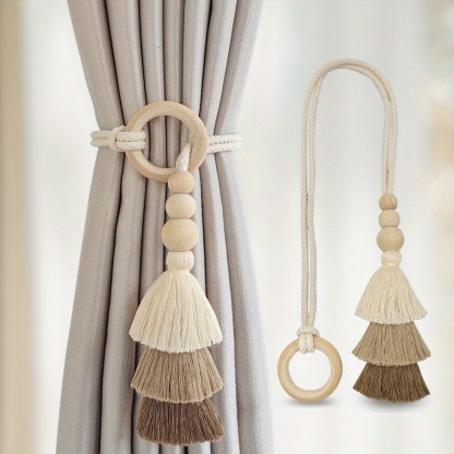 2pcs Bohemian Style Handmade Tassel Curtain Tiebacks with Wooden Beads - Polyester Boho Window Drape Holdbacks for Home Decoration