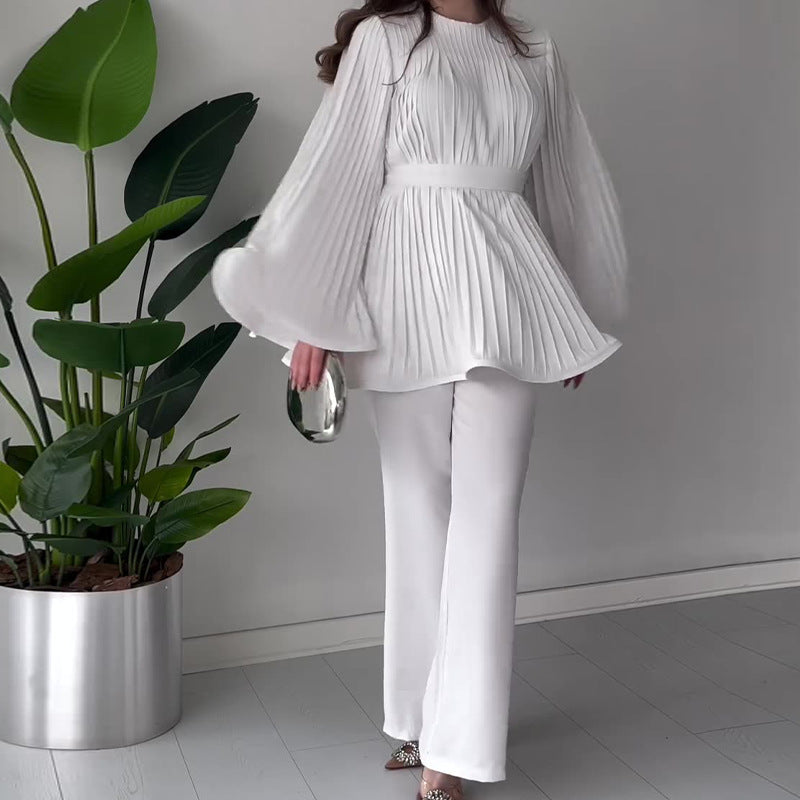 Pleated loose top and wide-leg pants two-piece set