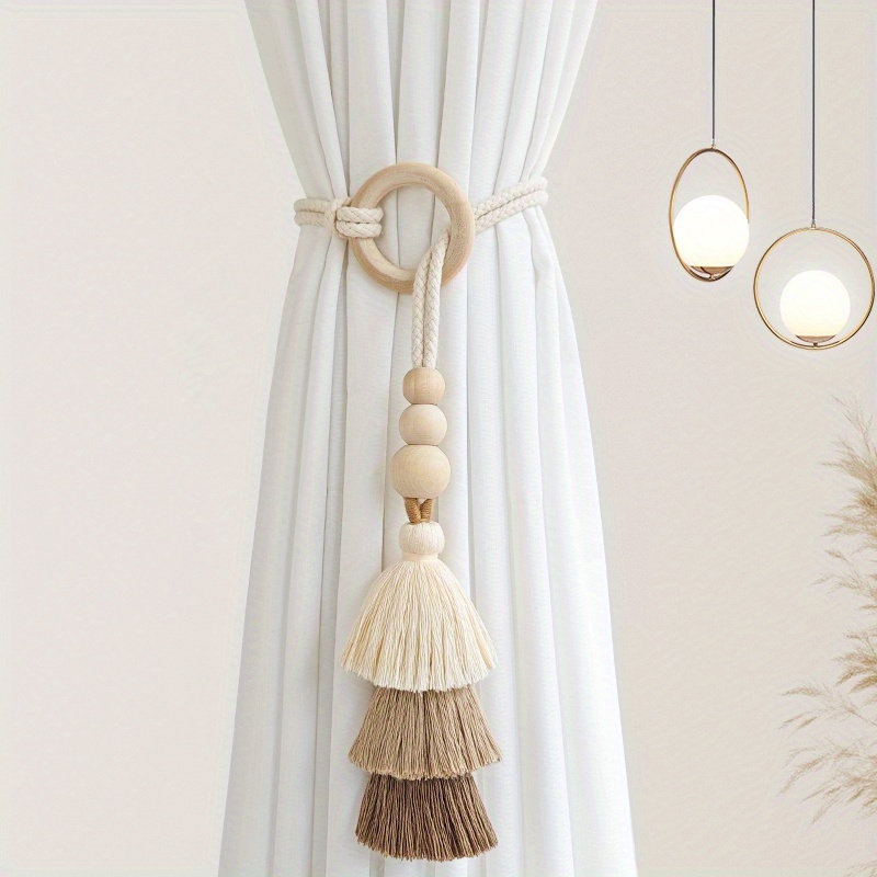 2pcs Bohemian Style Handmade Tassel Curtain Tiebacks with Wooden Beads - Polyester Boho Window Drape Holdbacks for Home Decoration