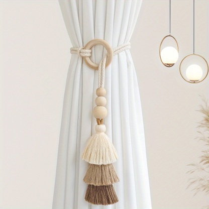 2pcs Bohemian Style Handmade Tassel Curtain Tiebacks with Wooden Beads - Polyester Boho Window Drape Holdbacks for Home Decoration