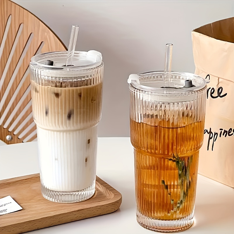 2pcs Ins Style Large Capacity Straw Cup with Lid Vertical Striped Coffee Cup Beverage Fruit Tea Cup 600Ml/20Oz, Used for Drinking Ice Water Coffee Fruit Tea Etc., Suitable for Daily Household, Parties, Cafes, Restaurants, Etc.