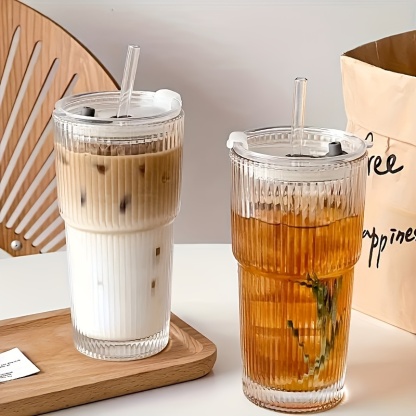 2pcs Ins Style Large Capacity Straw Cup with Lid Vertical Striped Coffee Cup Beverage Fruit Tea Cup 600Ml/20Oz, Used for Drinking Ice Water Coffee Fruit Tea Etc., Suitable for Daily Household, Parties, Cafes, Restaurants, Etc.