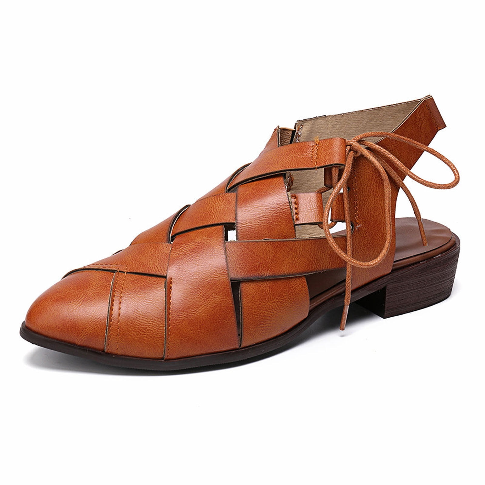 Women's Casual Hollow Side Lace Up Leather Woven Back Low Heel Roman Sandals