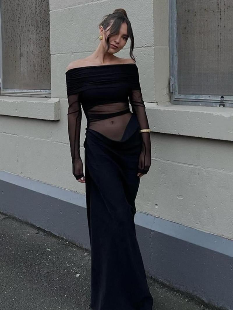 🔥Make you the focus of the party,Plain Off Shoulder Ruched Sheer Mesh Dress, Elegant Long Sleeve Long Dress for Party Banquet👑