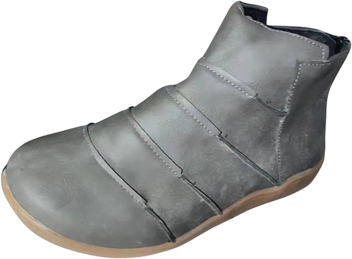 Brown Booties for Women Retro Round Toe Flat Short Boots Casual Ankle Boots Comfortable Slip On Short Boots