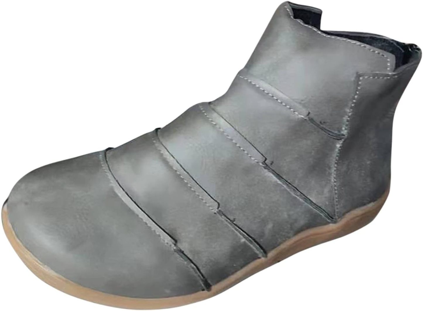Brown Booties for Women Retro Round Toe Flat Short Boots Casual Ankle Boots Comfortable Slip On Short Boots