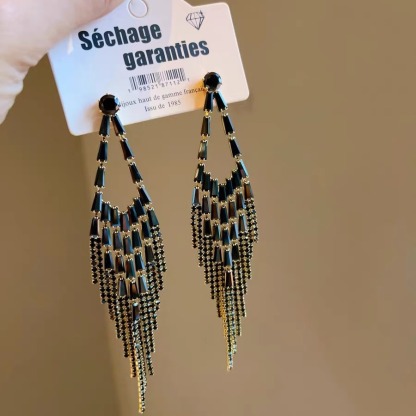 Long black zircon tassel earrings