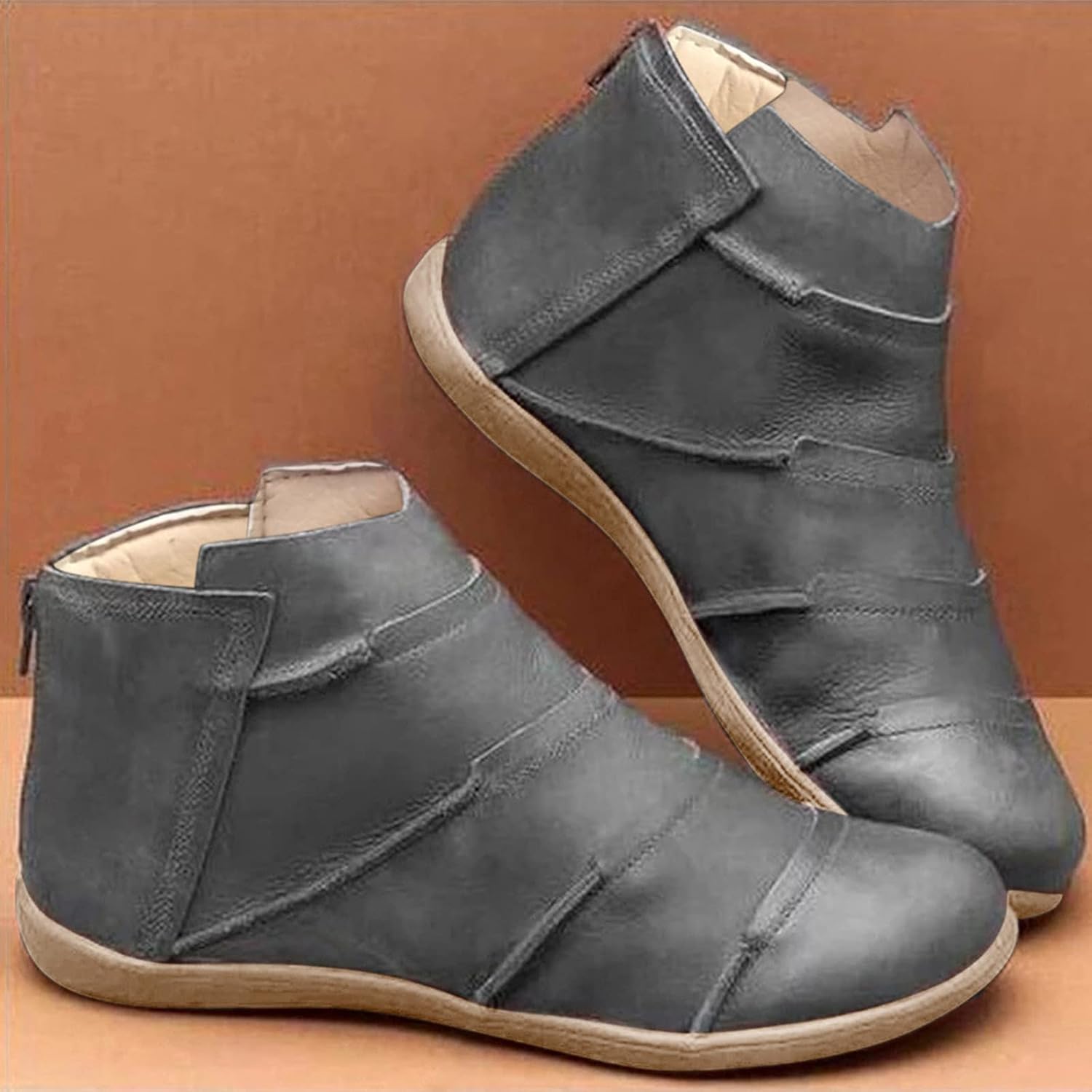 Brown Booties for Women Retro Round Toe Flat Short Boots Casual Ankle Boots Comfortable Slip On Short Boots