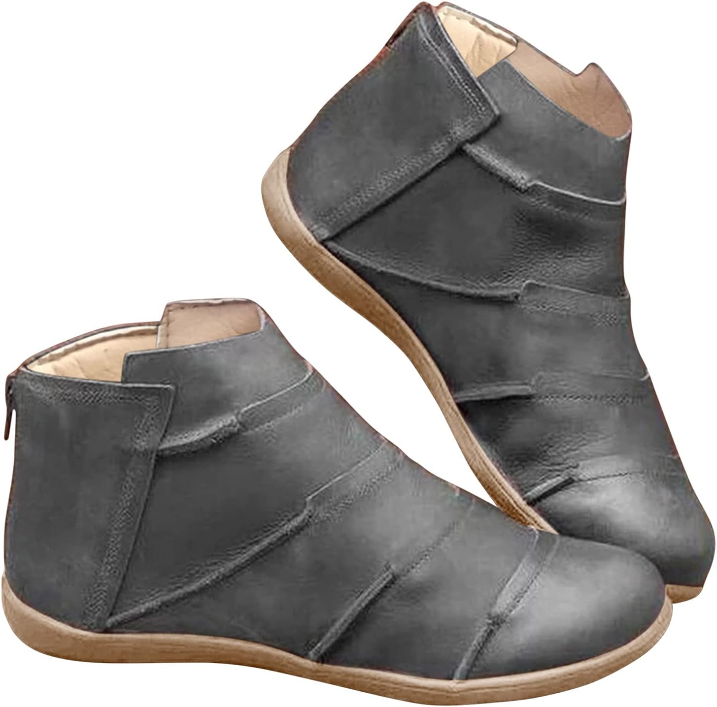 Brown Booties for Women Retro Round Toe Flat Short Boots Casual Ankle Boots Comfortable Slip On Short Boots
