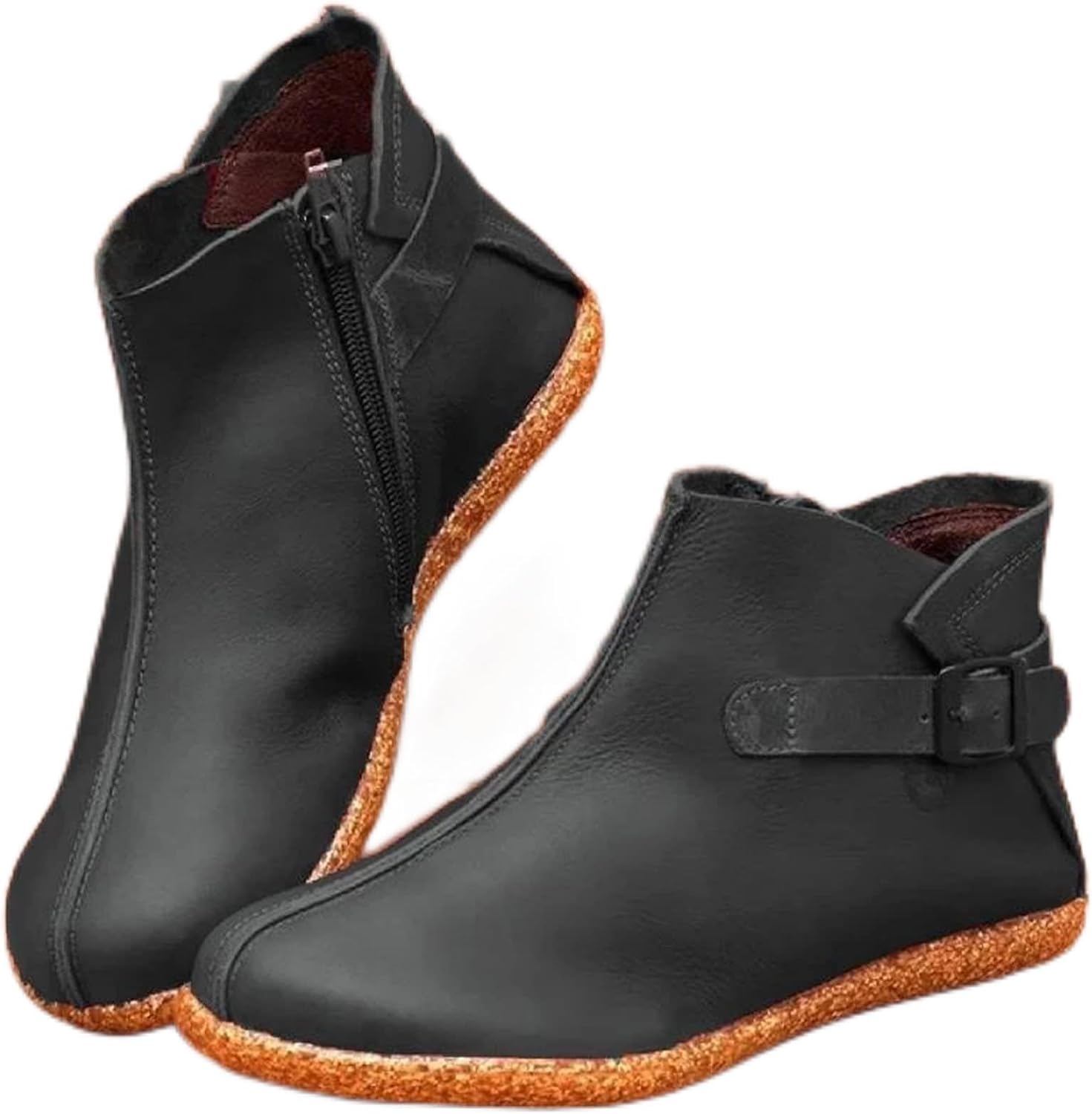 Round toe vintage leather boots side zipper Chelsea boots thick height increasing low heel women's shoes
