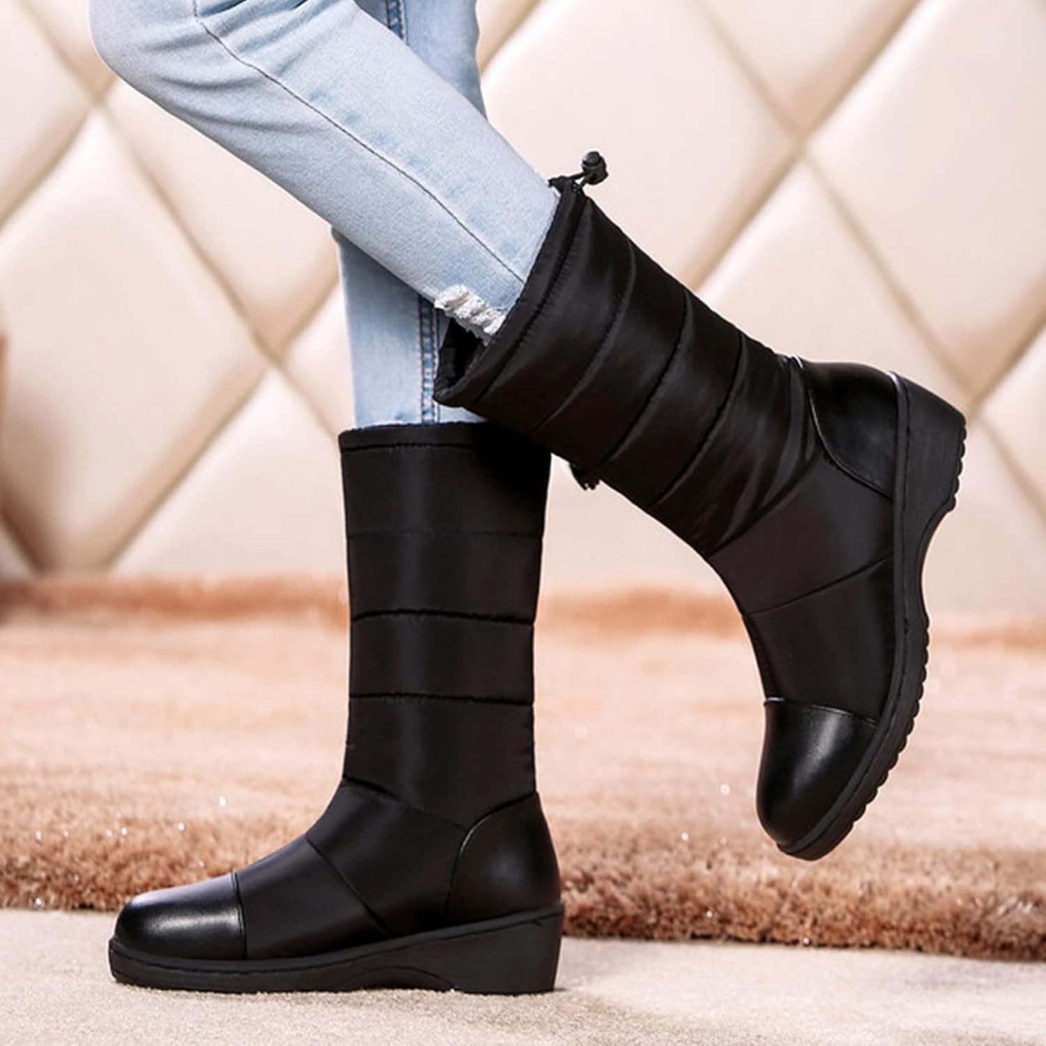 Womens Snow Boots Waterproof Winter Boots Anti-slip Fuzzy Fur Booties Winter Warm Outdoor Ankle Boots Ladies Walking Hiking Booties