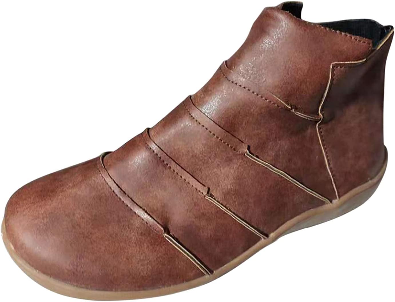 Brown Booties for Women Retro Round Toe Flat Short Boots Casual Ankle Boots Comfortable Slip On Short Boots