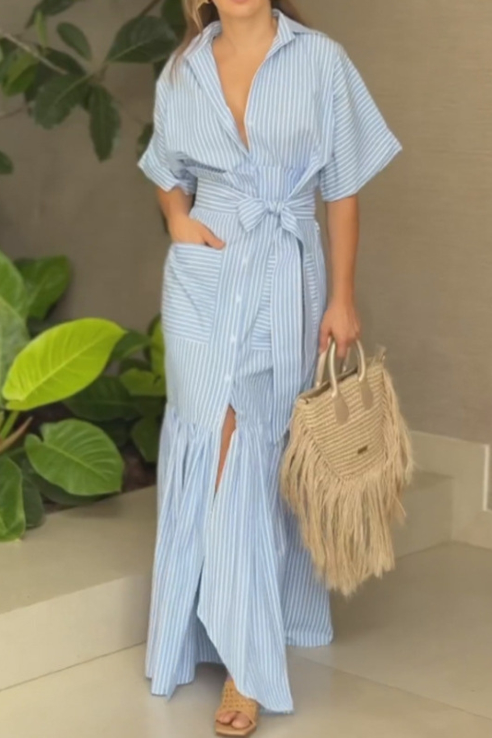 Women's Fashion Temperament Striped Lapel Midi Dress