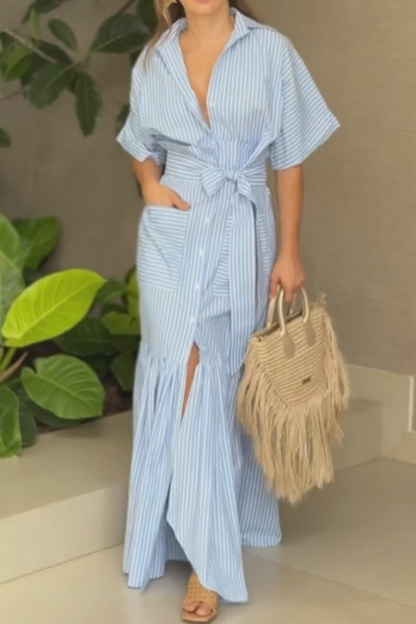 Women's Fashion Temperament Striped Lapel Midi Dress