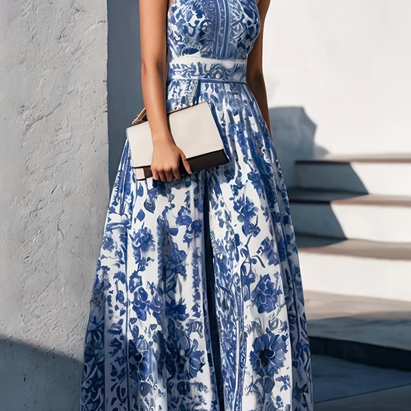 Elegant French-Style Floral Print Halter Neck Dress for Women - High Waist A-Line Spring