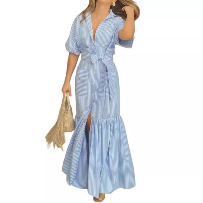 Women's Fashion Temperament Striped Lapel Midi Dress