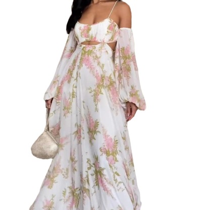 Women's Fashion Print Home Sexy Backless Sexy Elegant  Maxi Dress