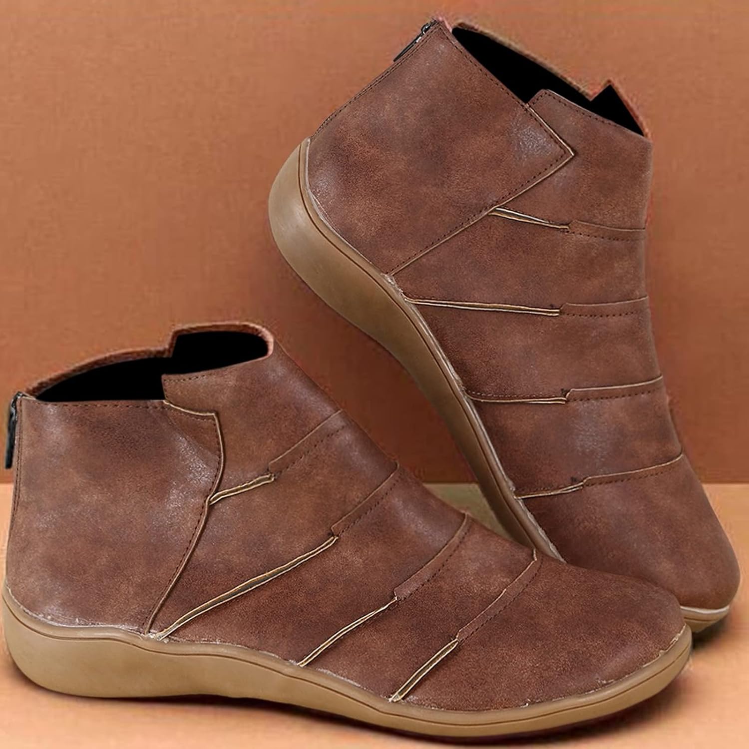 Brown Booties for Women Retro Round Toe Flat Short Boots Casual Ankle Boots Comfortable Slip On Short Boots