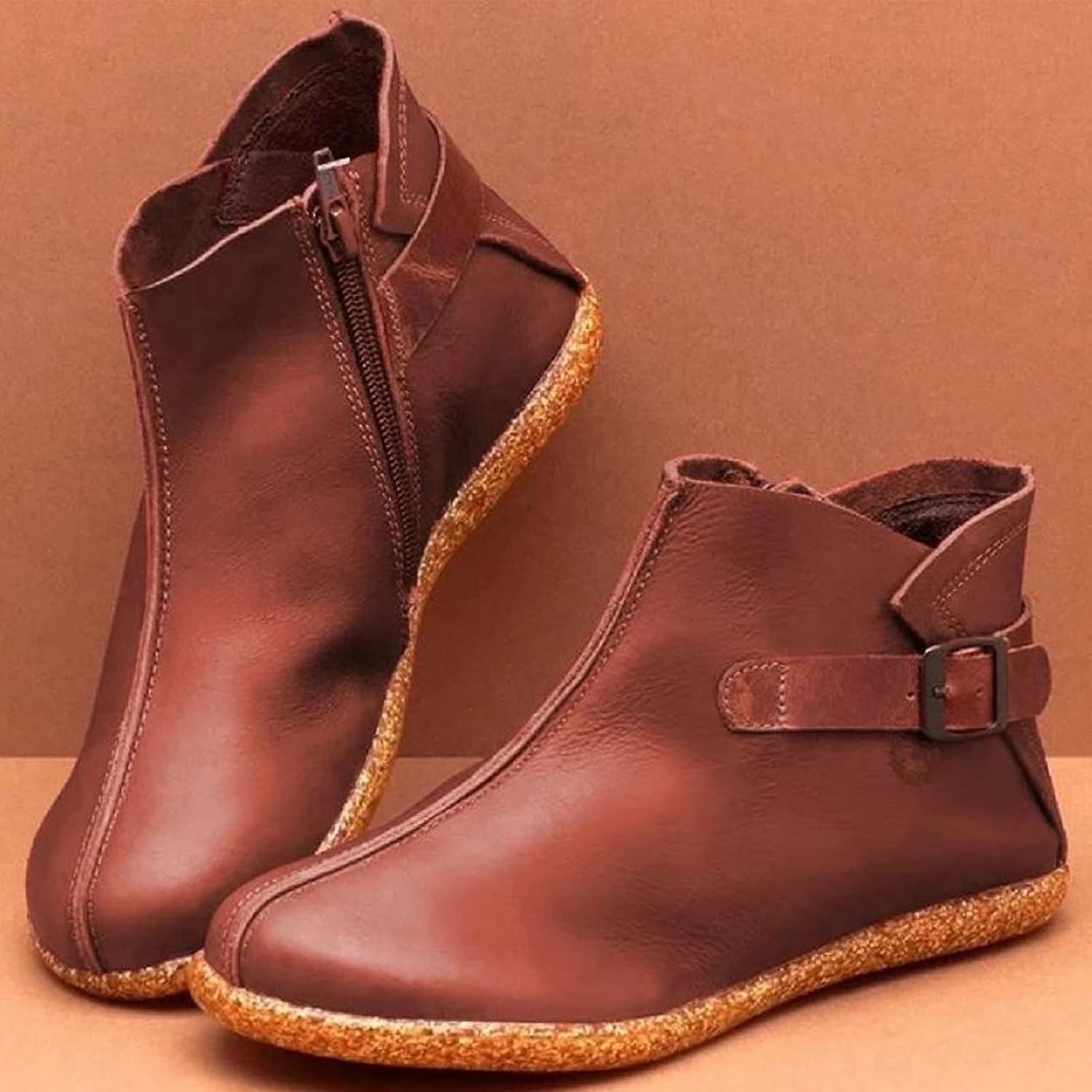 Round toe vintage leather boots side zipper Chelsea boots thick height increasing low heel women's shoes