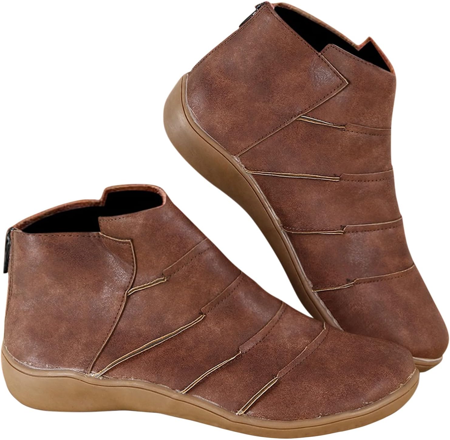 Brown Booties for Women Retro Round Toe Flat Short Boots Casual Ankle Boots Comfortable Slip On Short Boots