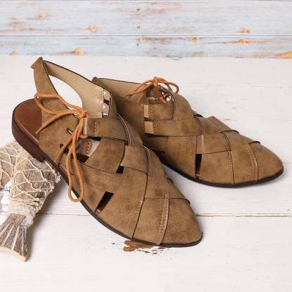 Women's Casual Hollow Side Lace Up Leather Woven Back Low Heel Roman Sandals