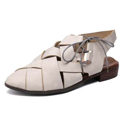 Women's Casual Hollow Side Lace Up Leather Woven Back Low Heel Roman Sandals