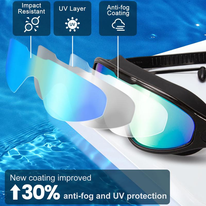✨🏊‍Swim Goggles for Adults & Kids - Anti-Fog Full-Coverage, 3-Color UV Lens, Waterproof Earplugs & Nose Clip, Fit Outdoorfun(Free nose clip + swimming goggles case)