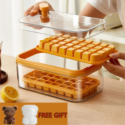 Set Of 1 101oz Ice Cube Trays, 64 Pcs Silicone Ice Cube Tray With Lid And Bin, Ice Cube Molds For Freezer, Easy Release & Save Space, 2 Trays,Scoop For Whiskey, Cocktail | Food Grade PP