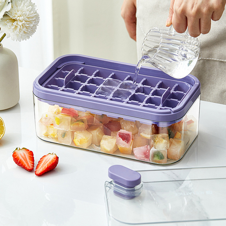 Set Of 1 101oz Ice Cube Trays, 64 Pcs Silicone Ice Cube Tray With Lid And Bin, Ice Cube Molds For Freezer, Easy Release & Save Space, 2 Trays,Scoop For Whiskey, Cocktail | Food Grade PP