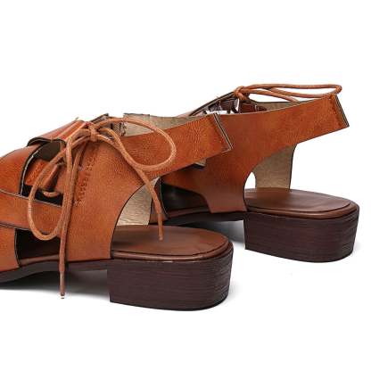 Women's Casual Hollow Side Lace Up Leather Woven Back Low Heel Roman Sandals