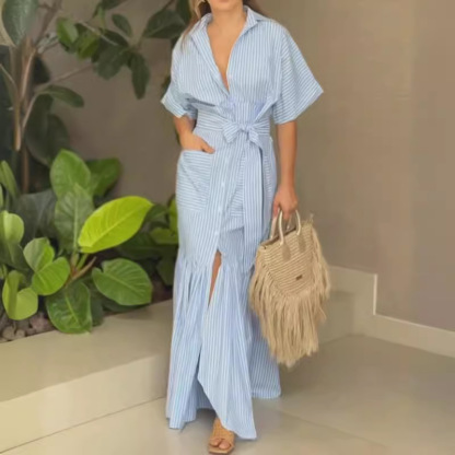 Women's Fashion Temperament Striped Lapel Midi Dress